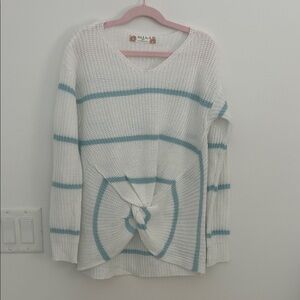 Jolie & Joy Girls White Blue Stripe Knot Front Sweater XL 16